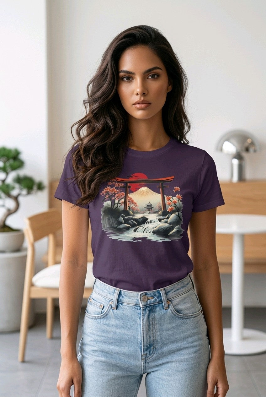 Anime T-Shirt Torii Tor in Lila, getragen von einer Frau