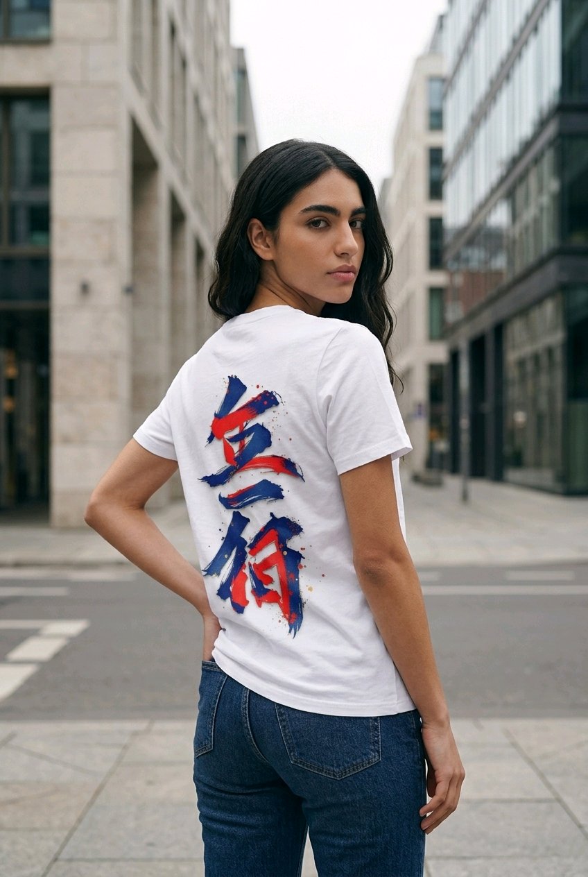 Anime T-Shirt Kalligrafie Bijutsu in Weiß, Rückenansicht an einer Frau auf der Straße