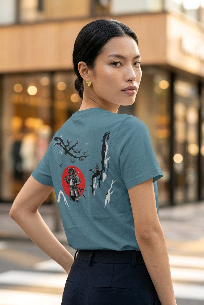 Anime T-Shirt Samurai in Steinblau, Rückenansicht an einer Frau auf der Straße