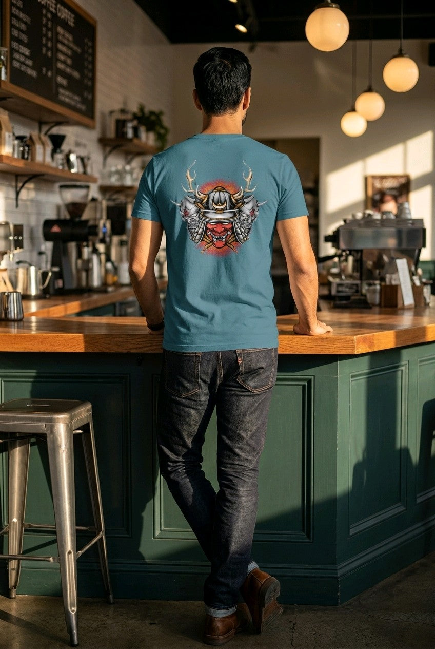 Anime T-Shirt Samurai Maske Masuka in Steinblau, Rückenansicht an einem Mann im Café