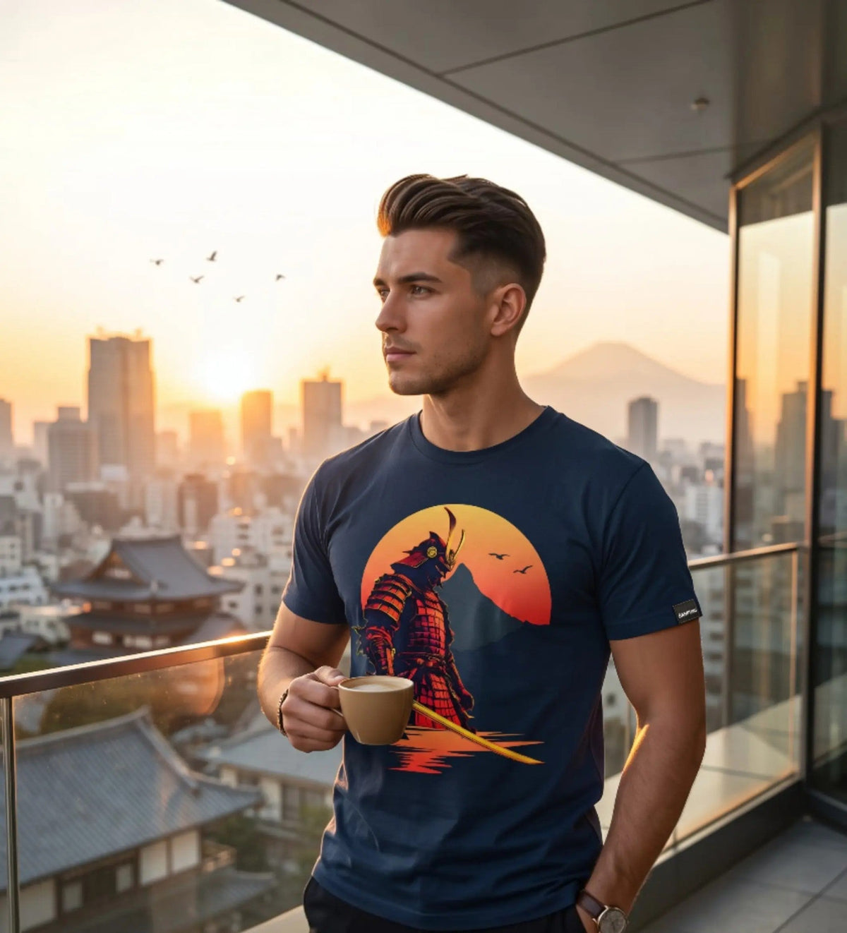 Anime T-Shirt Krieger Senshi in Urban Navy, getragen von einem Mann mit Blick über Tokio