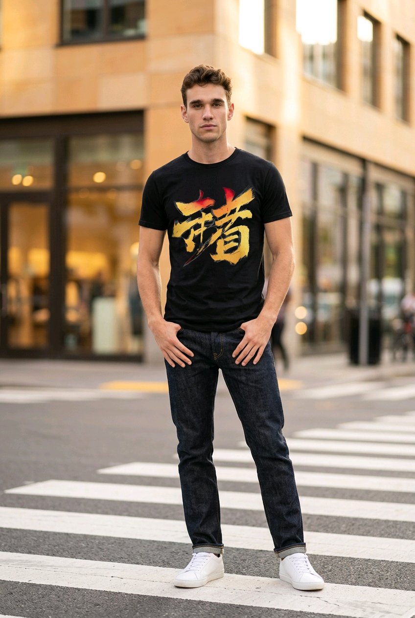 Anime T-Shirt Kalligrafie Shihai in Schwarz, getragen von einem Mann in der Stadt