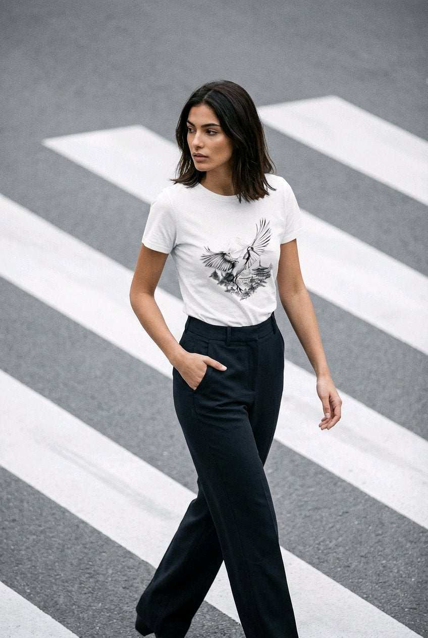Anime T-Shirt Kranich Tancho in Weiß, getragen von einer Frau auf der Straße