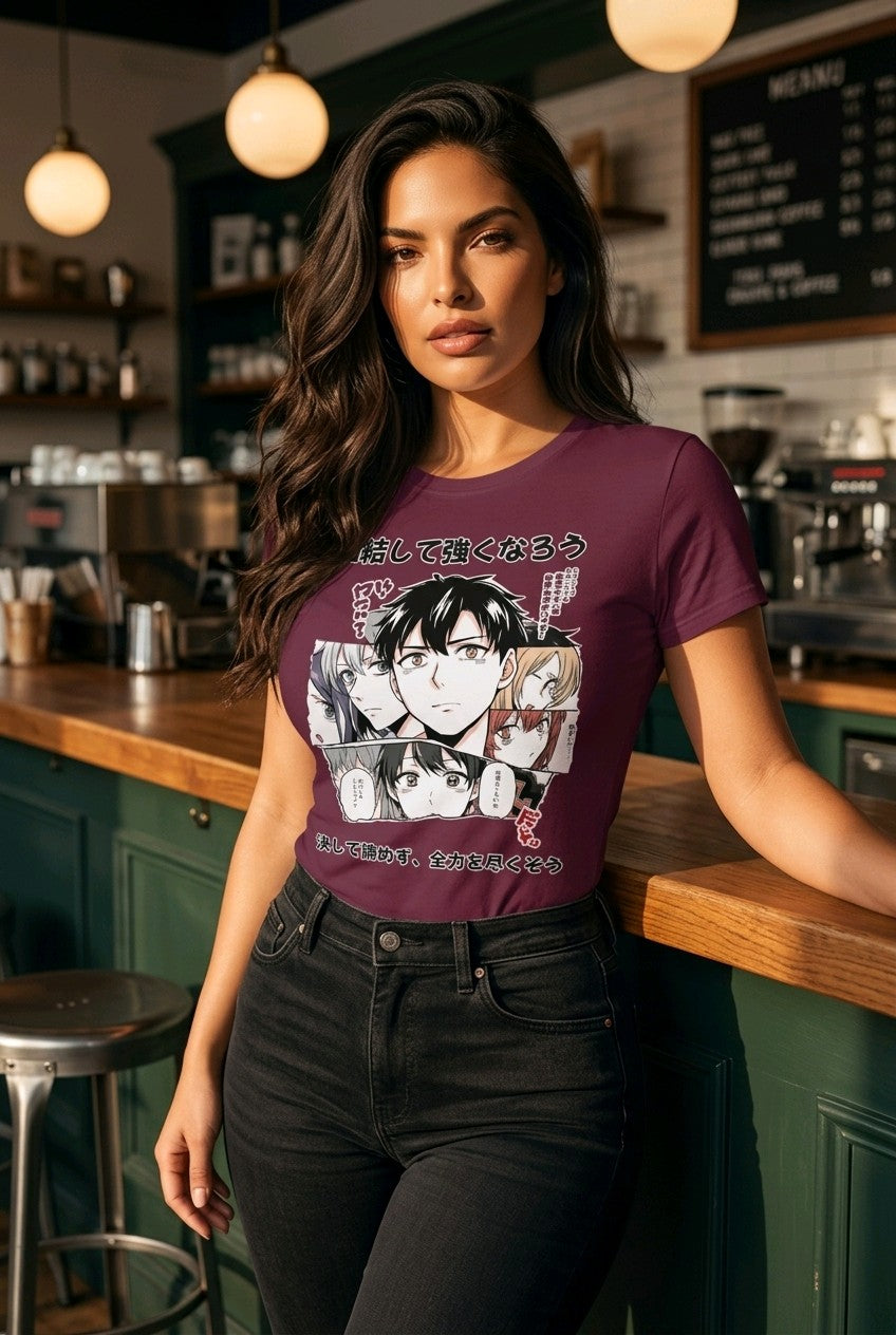 Anime T-Shirt Manga Figuren Sakura in Burgund, getragen von einer Frau im Café