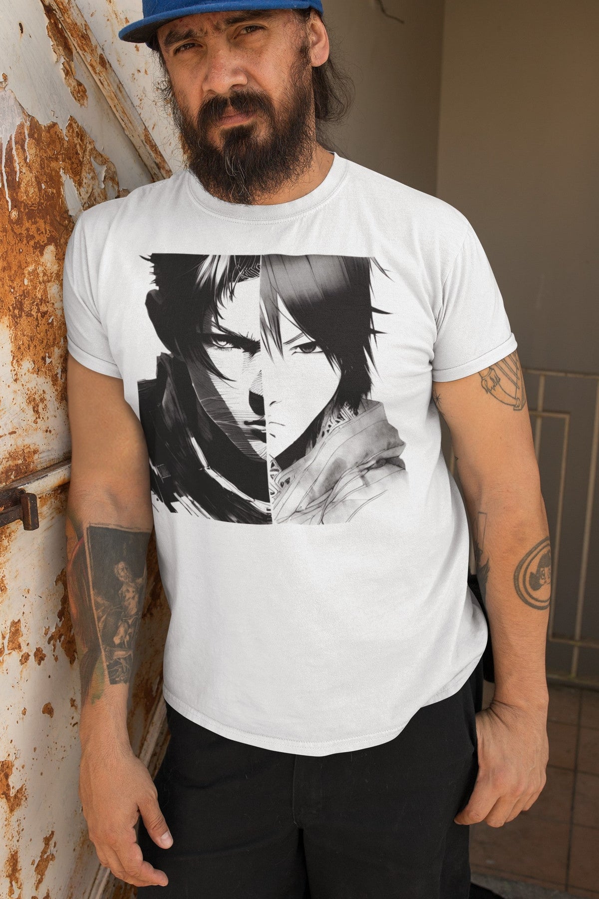 Anime T-Shirt Manga Portrait Taro in Weiß, getragen von einem Mann