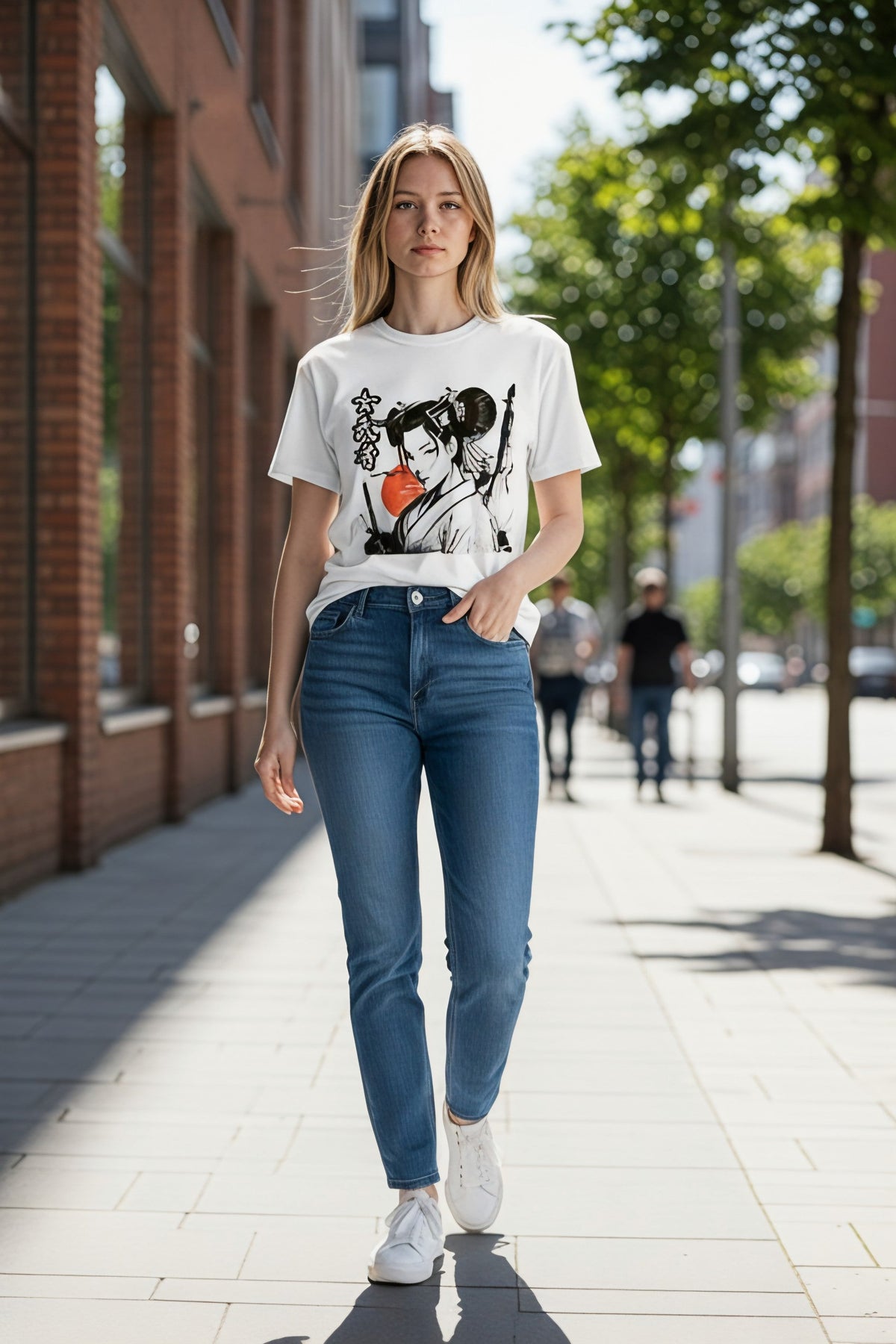 Anime T-Shirt Damen Kriegerin Onna-Bugeisha in Weiß, getragen von einer Frau auf der Straße