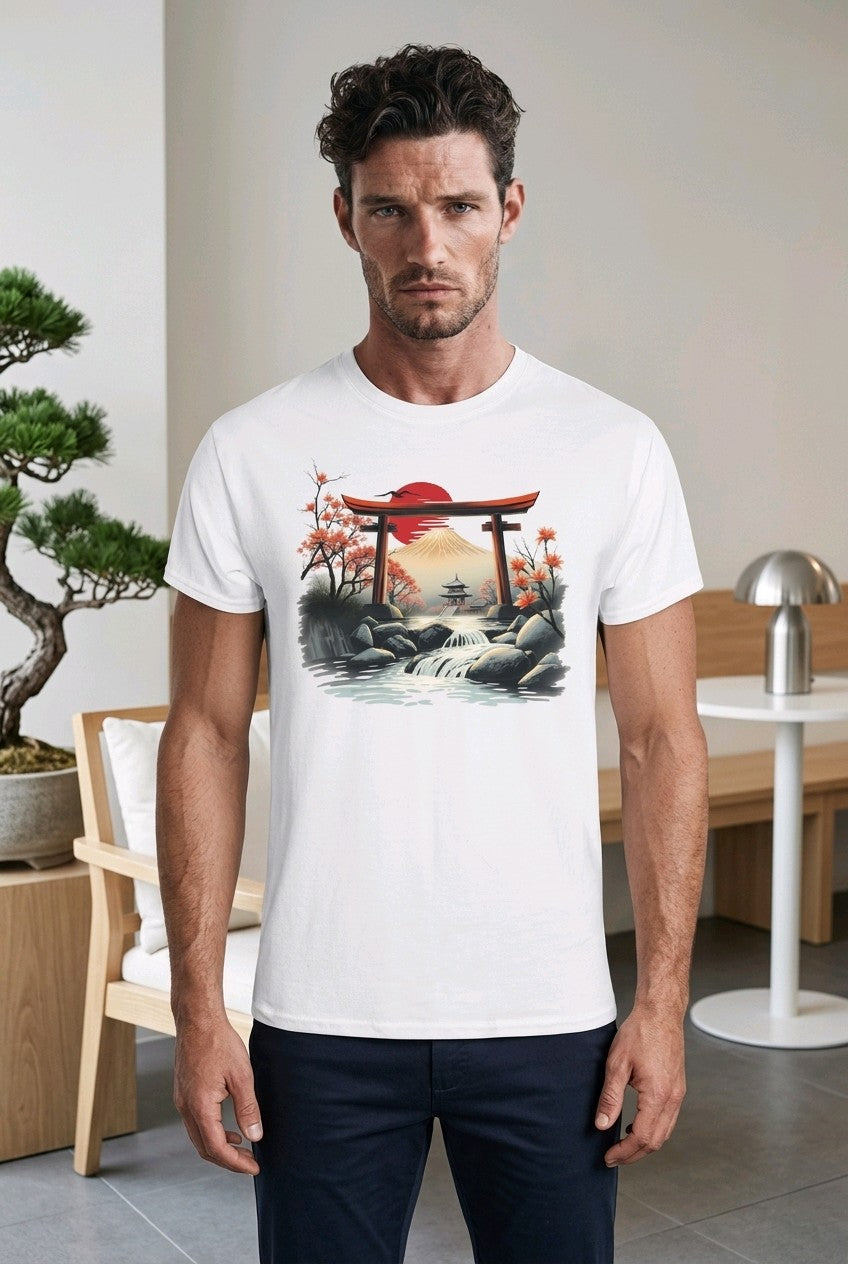 Anime T-Shirt Torii Tor in Weiß, getragen von einem Mann