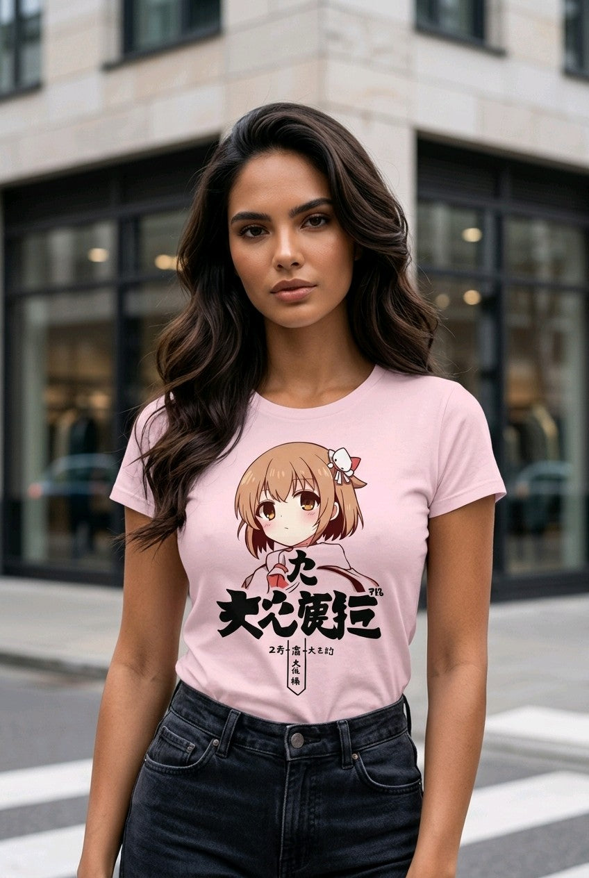 Anime T-Shirt Damen Manga Girl Mara in Orchideen-Pink, getragen von einer Frau auf der Straße