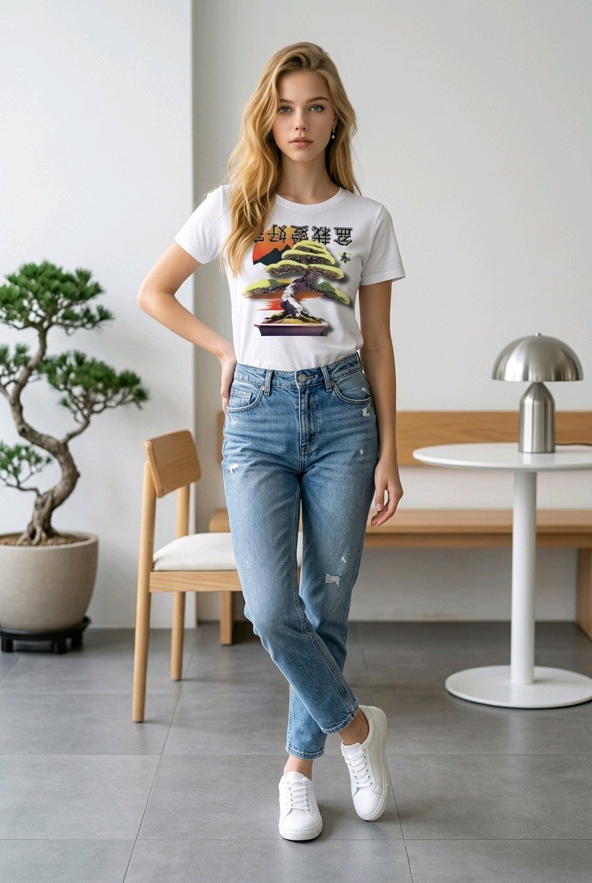 Anime T-Shirt Bonsai in Weiß, getragen von einer Frau
