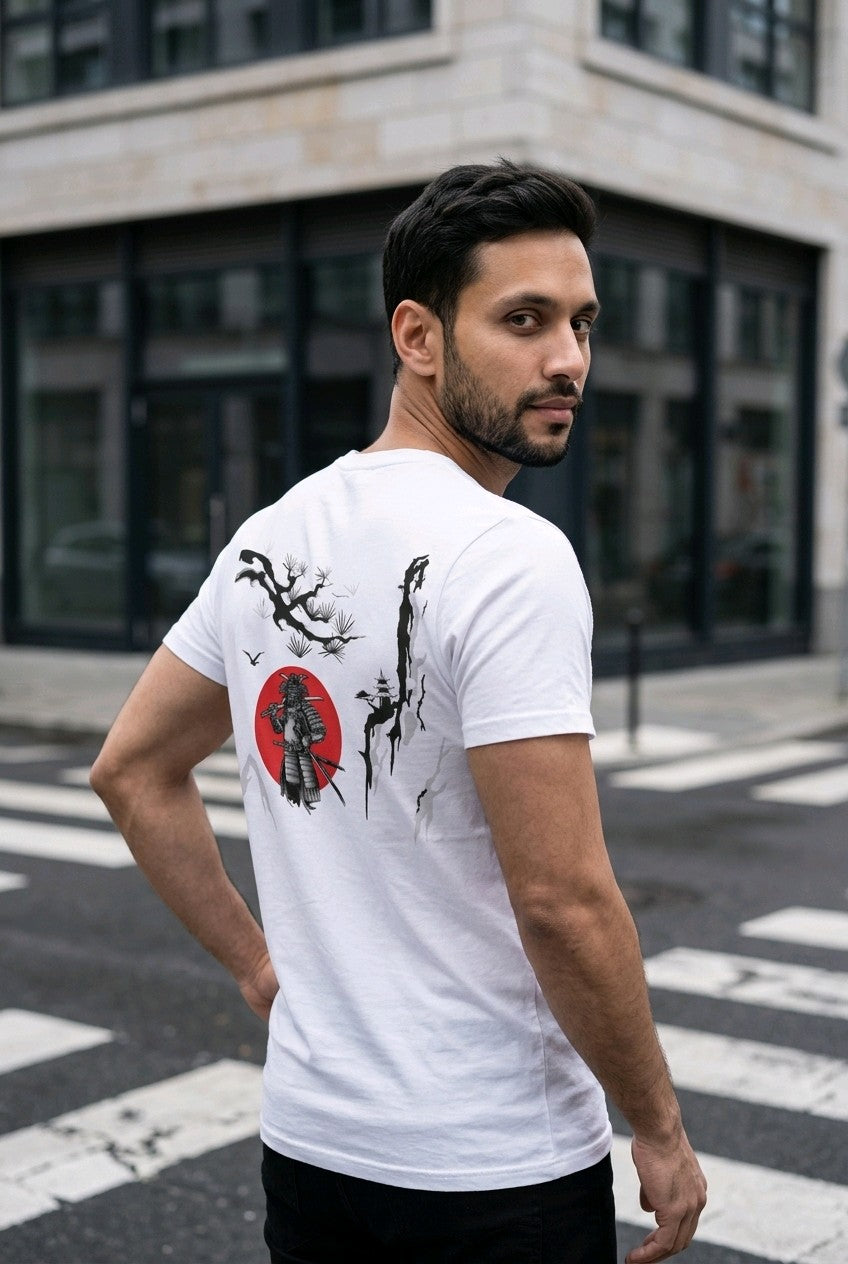 Anime T-Shirt Samurai in Weiß, Rückenansicht an einem Mann auf der Straße