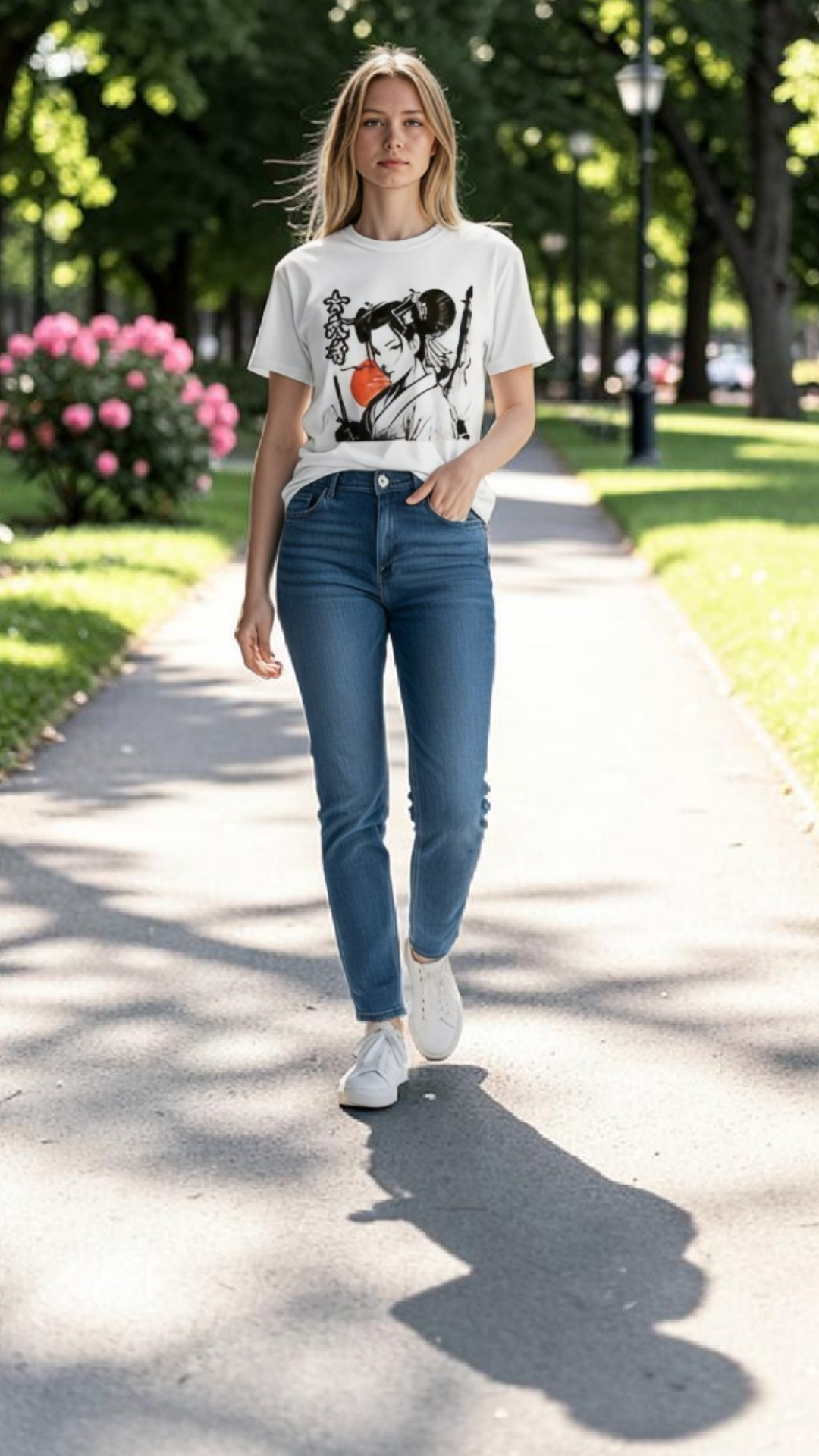 Damen Premium-Shirt mit Onna-Bugeisha-Design von Banpuku, bequemes Damen-Shirt, stilvoller Druck, weiches Material, moderne Damenbekleidung