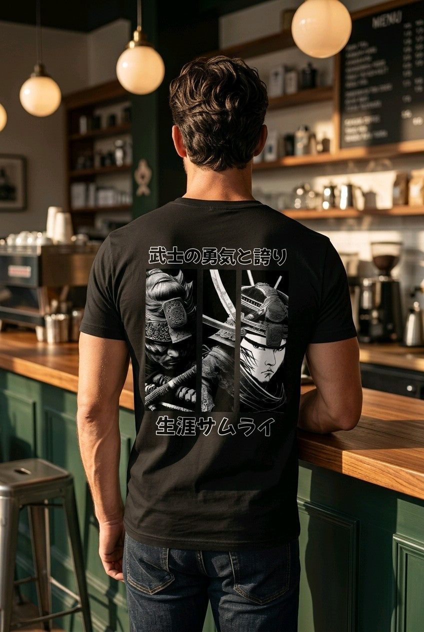 Anime T-Shirt Ronin Samurai in Schwarz, Rückenansicht an einem Mann im Café